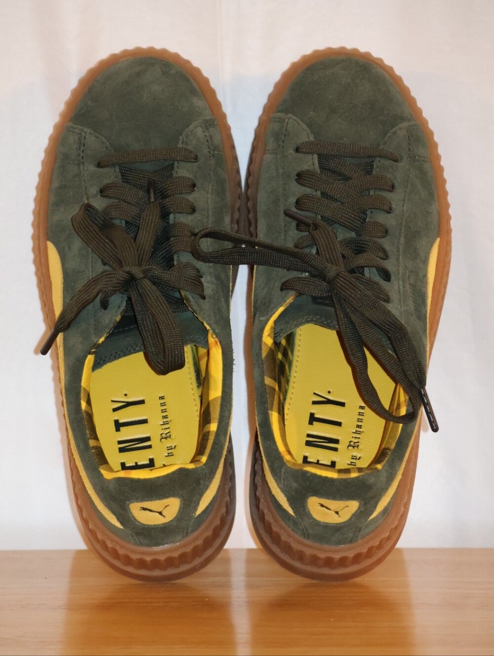 Puma FENTY by Rihanna Green & Yellow Cleated Creeper Suede Platform Sneakers. - Picture 12 of 16